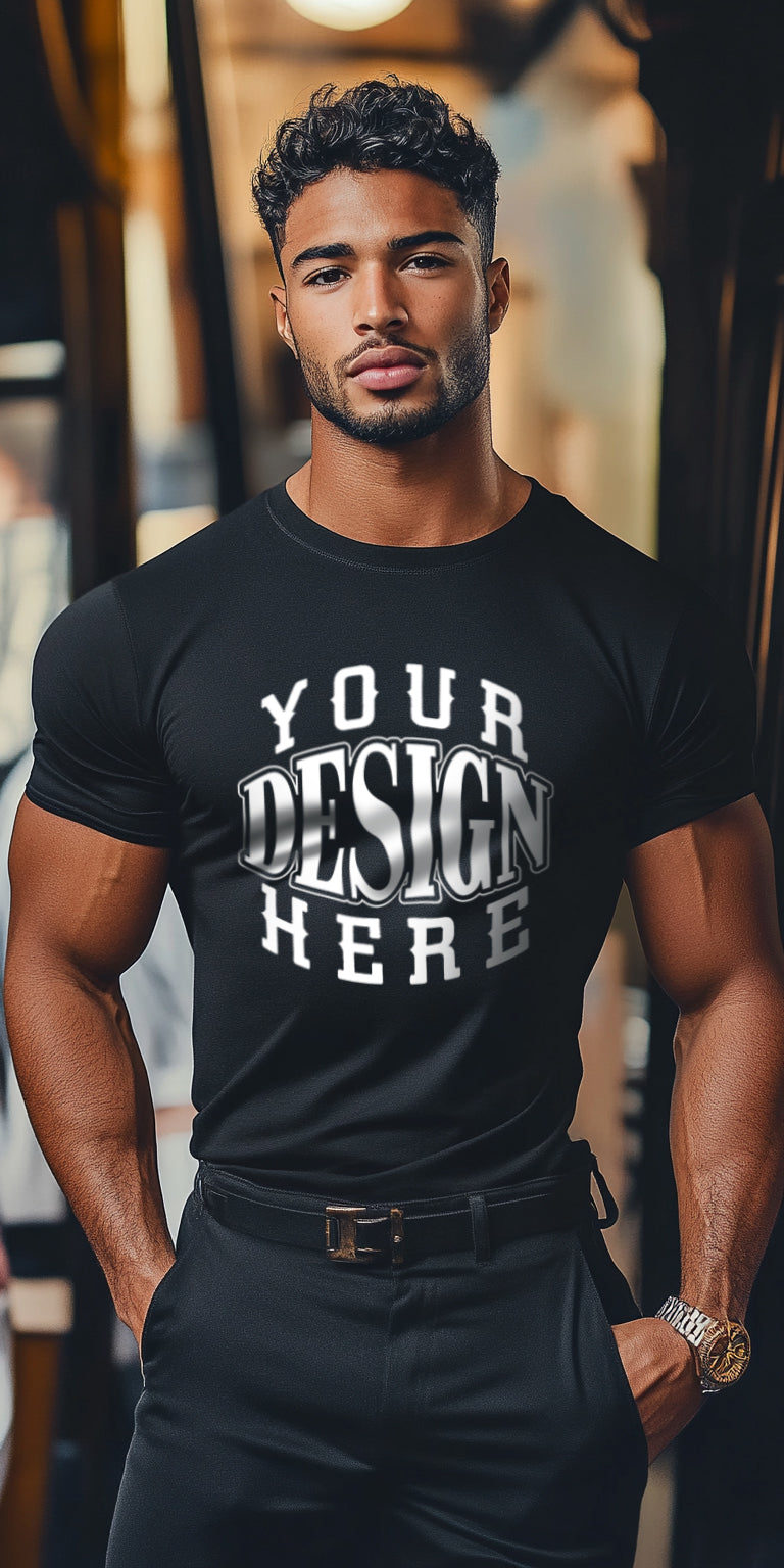 Stylish Urban Portrait of a Confident Young Man in a Minimalist Black T-Shirt