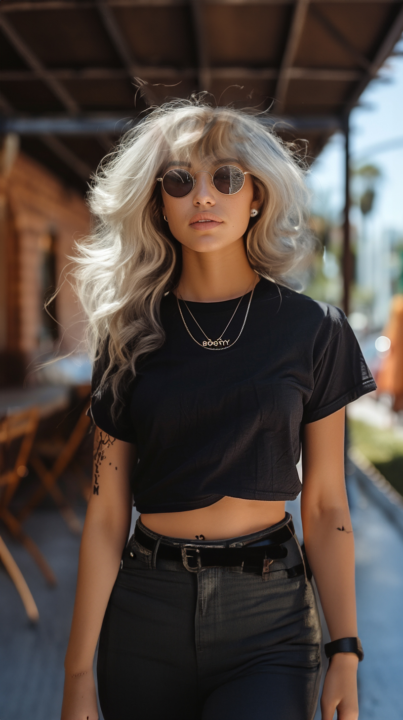 Urban Chic Vibe - Stylish Black Crop Top Mockup with Sunglasses