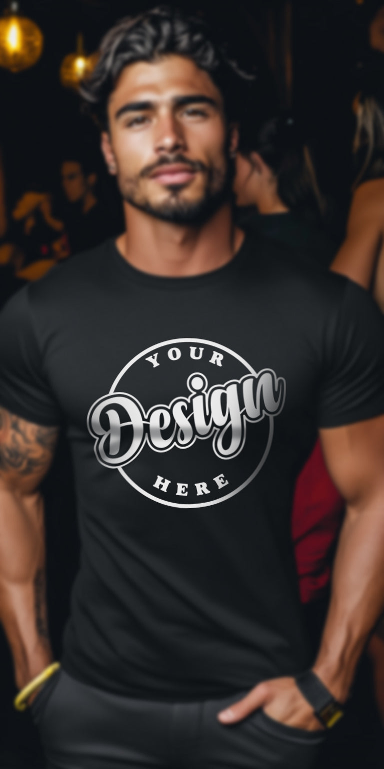 Handsome Man in Black T-Shirt with Customizable Design