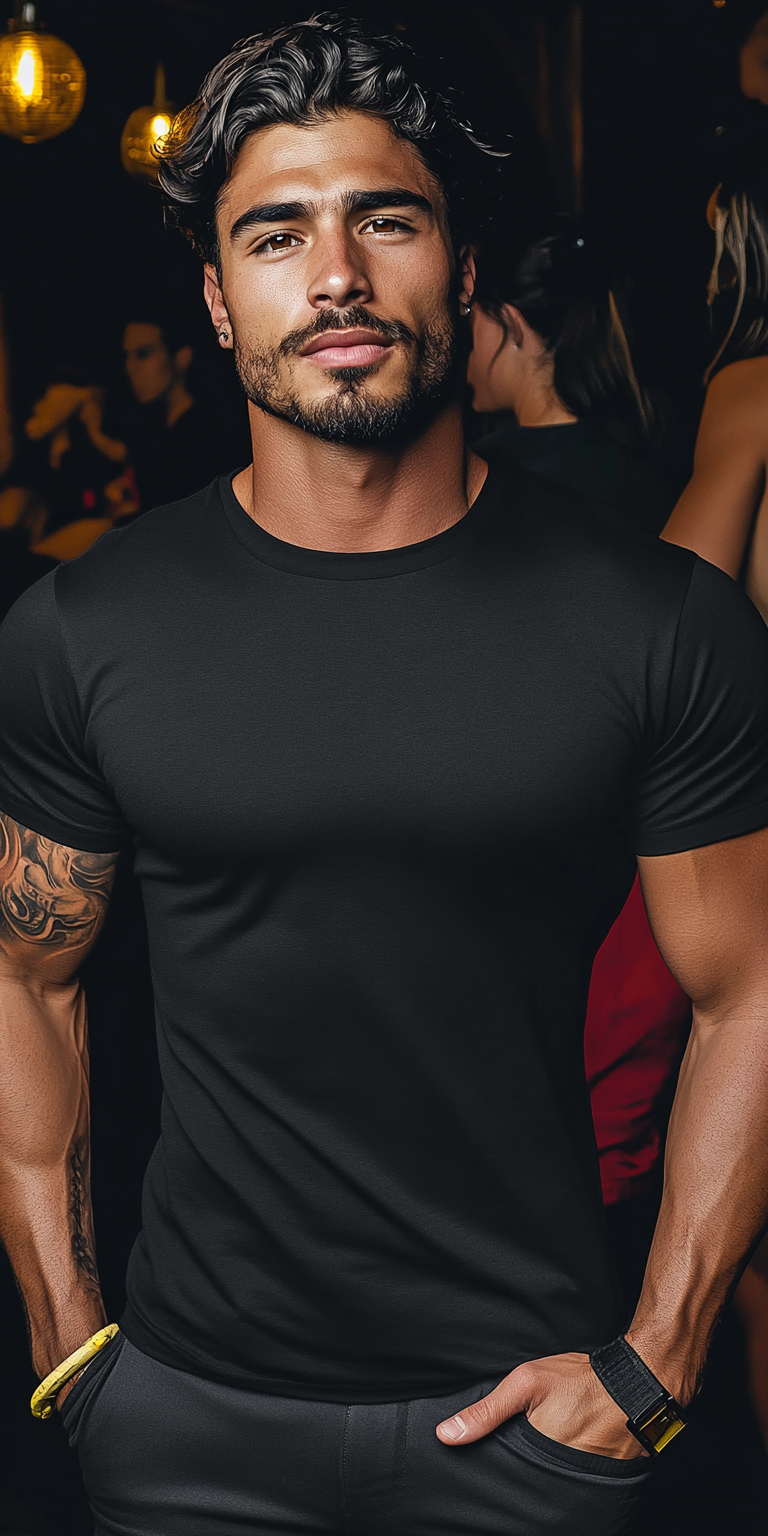 Handsome Man in Black T-Shirt with Customizable Design