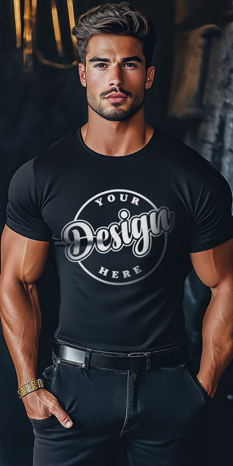 Stylish Man Wearing Customizable Black T-Shirt