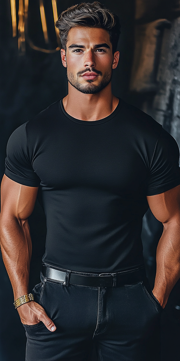 Stylish Man Wearing Customizable Black T-Shirt