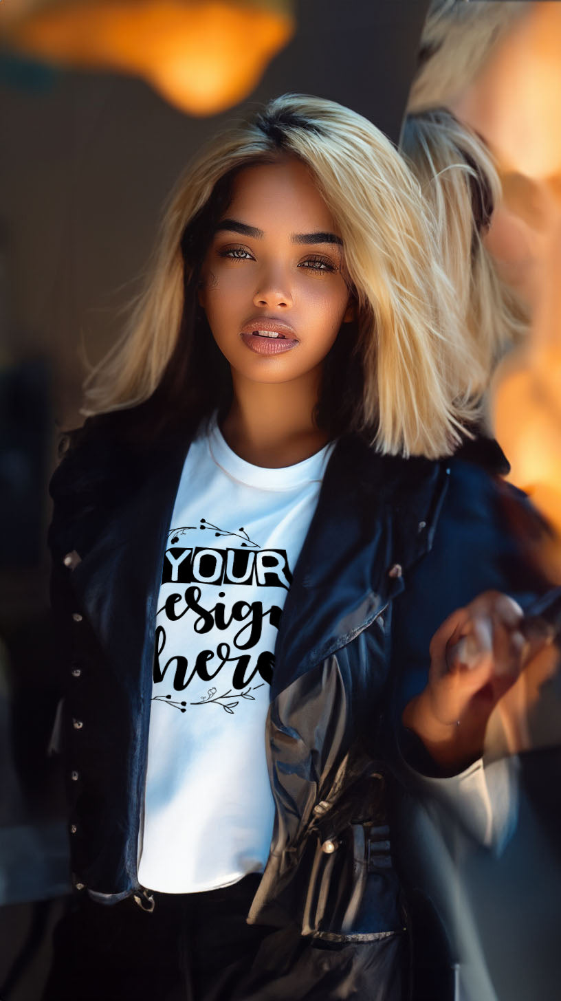 Stylish Woman in Black Leather Jacket with Customizable T-Shirt Design