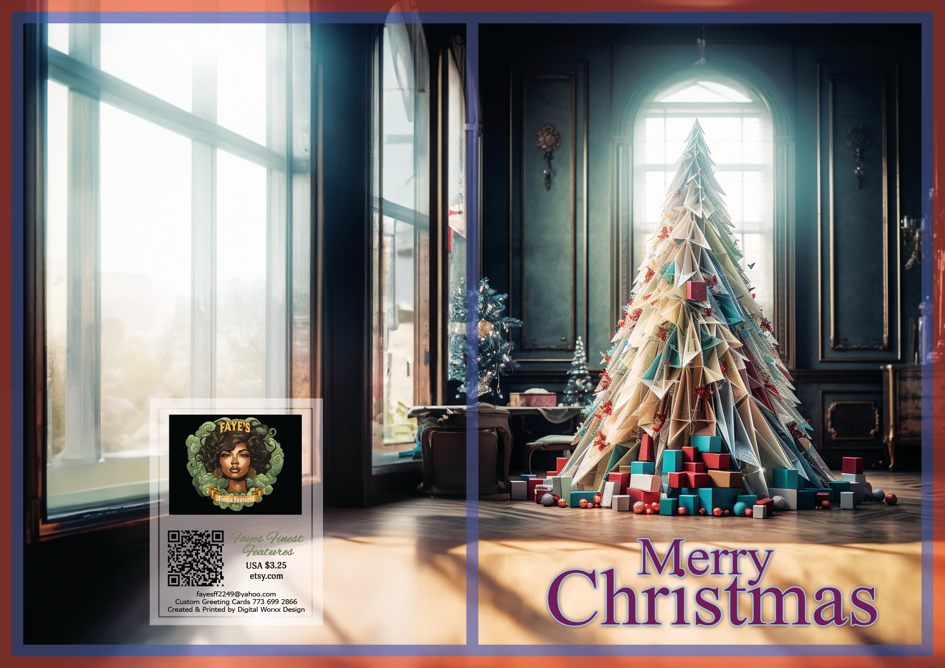 Vintage Elegance Origami Christmas Tree - Digital Art Decor