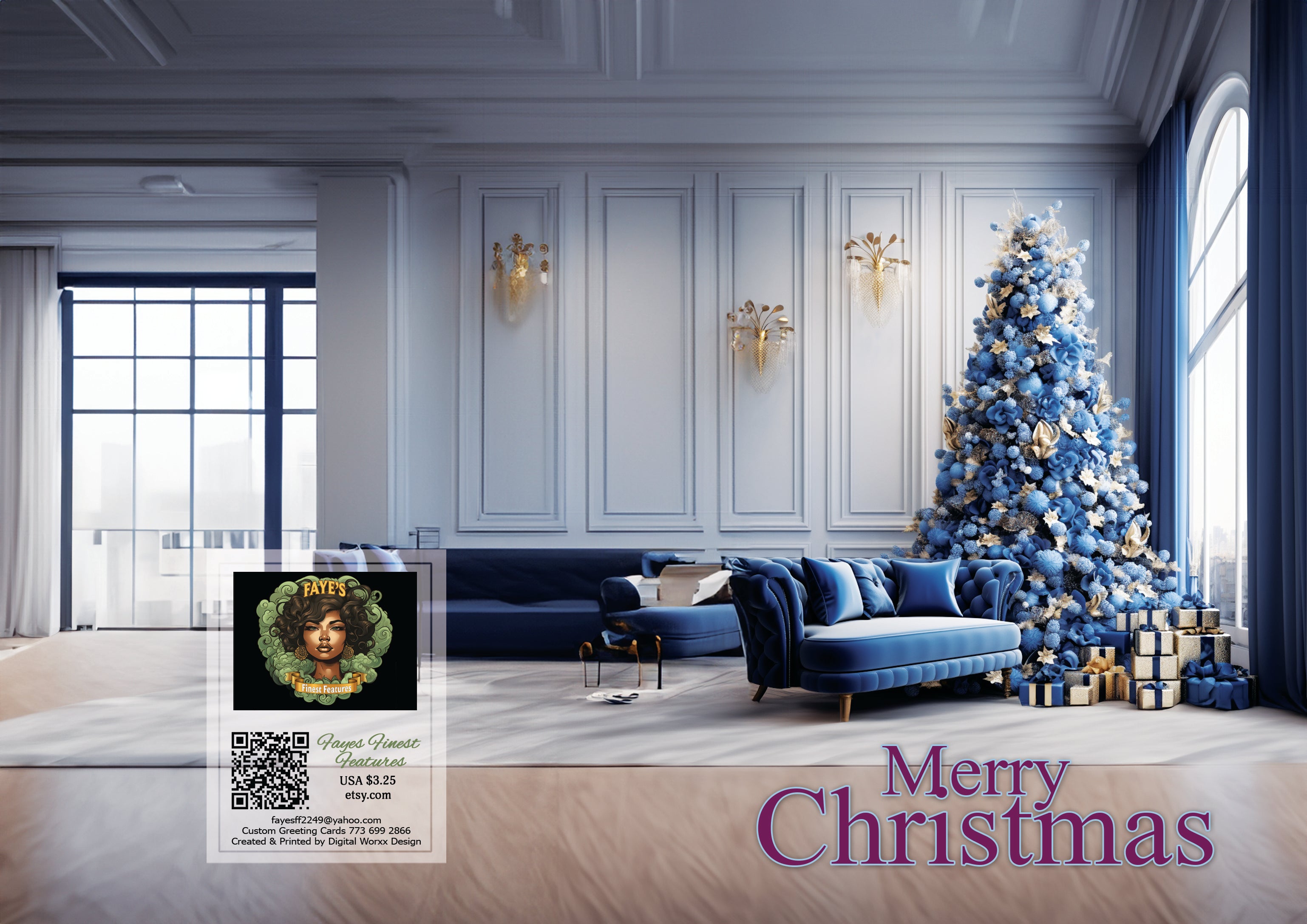 Luxurious Blue & Gold Christmas Scene - Digital Art Greeting Card