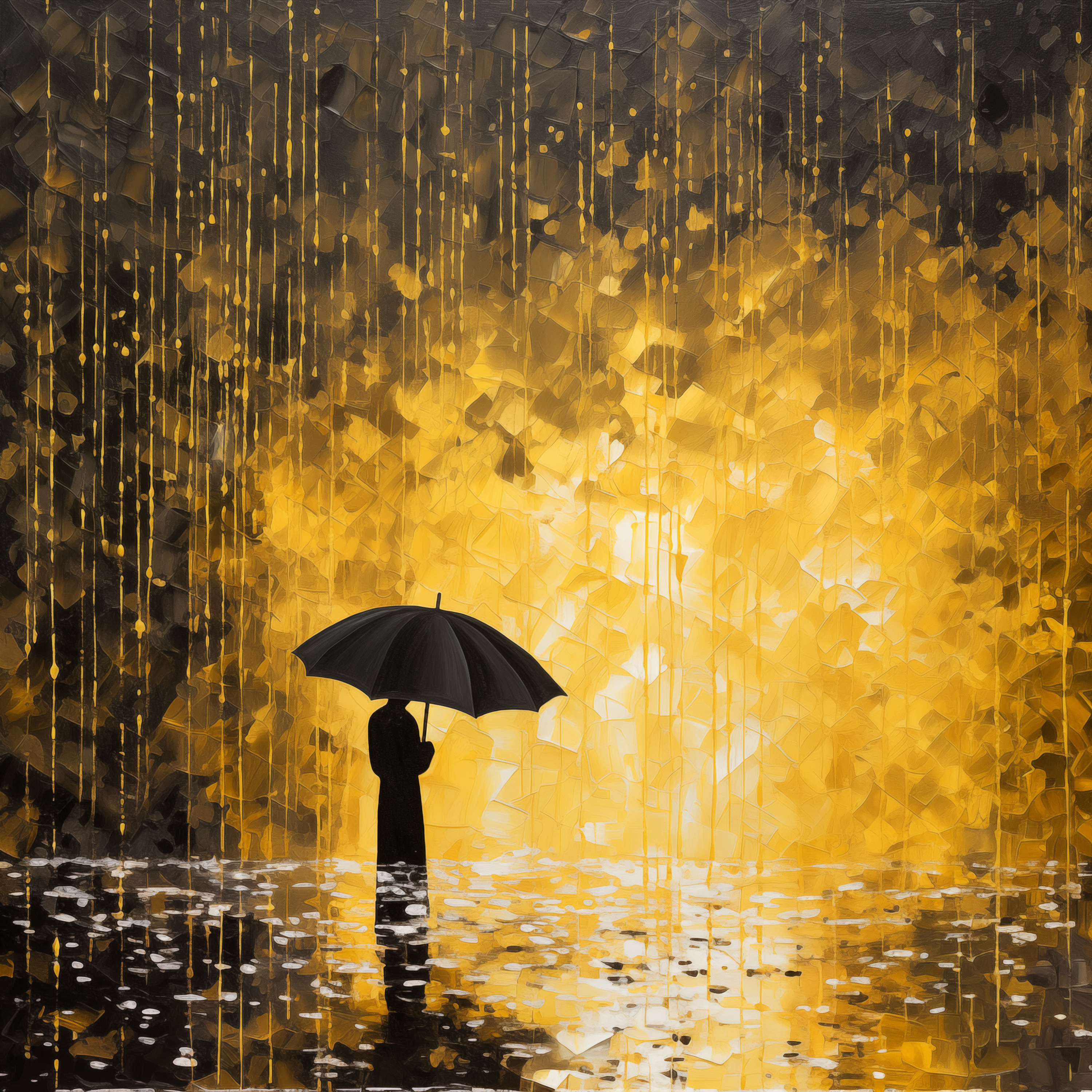 Golden Rain: Abstract Umbrella Silhouette Art