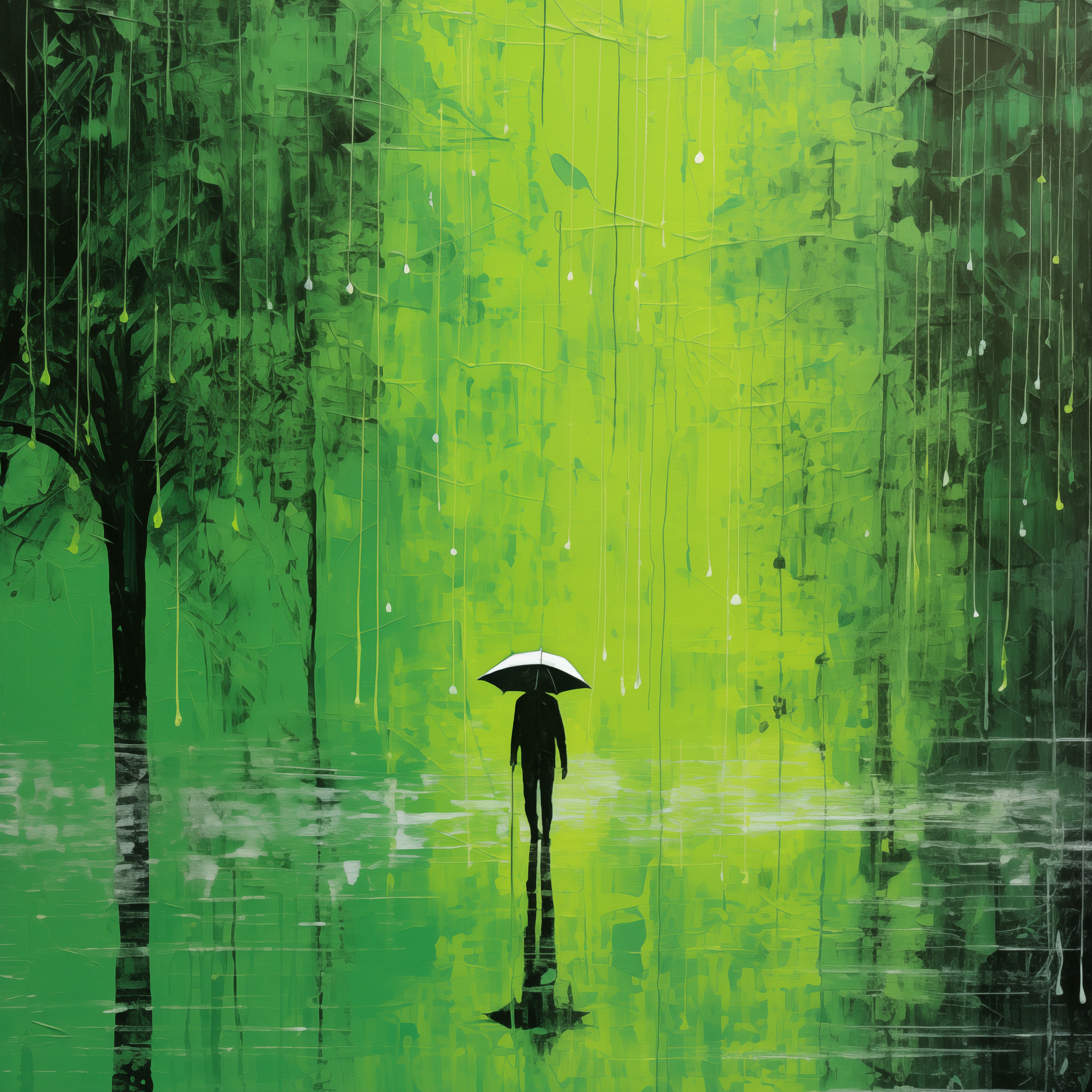Emerald Rain: Abstract Umbrella Silhouette Art