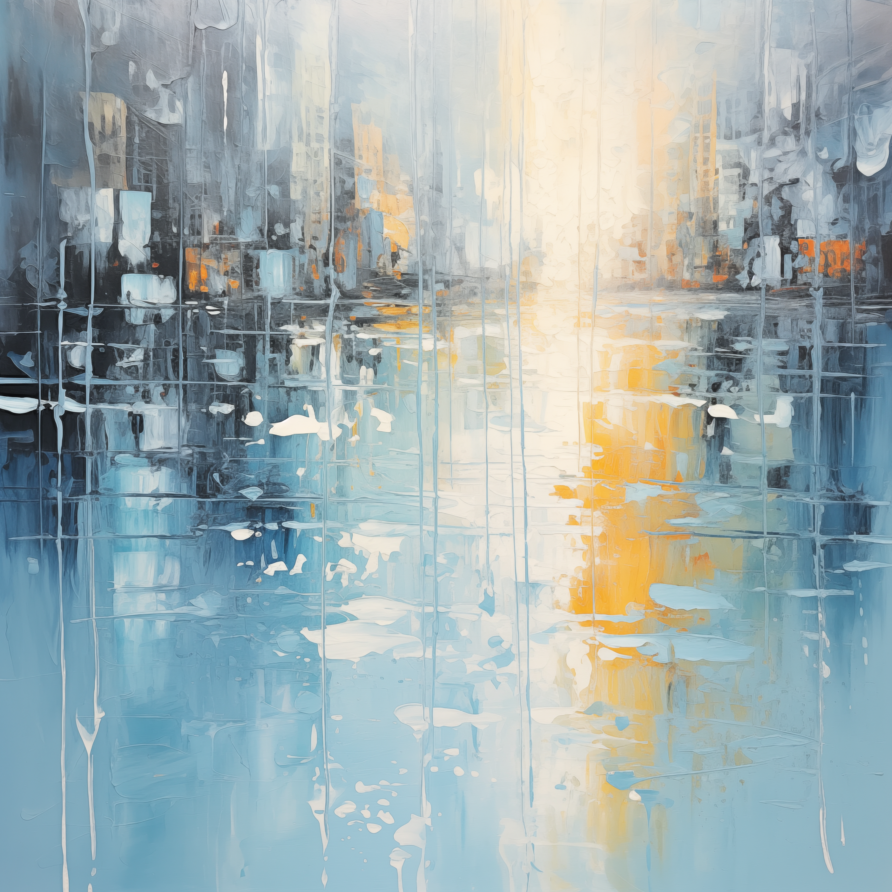 Abstract Blue and Yellow Cityscape with Reflections - Tranquil Rainy Effect - Digital Download