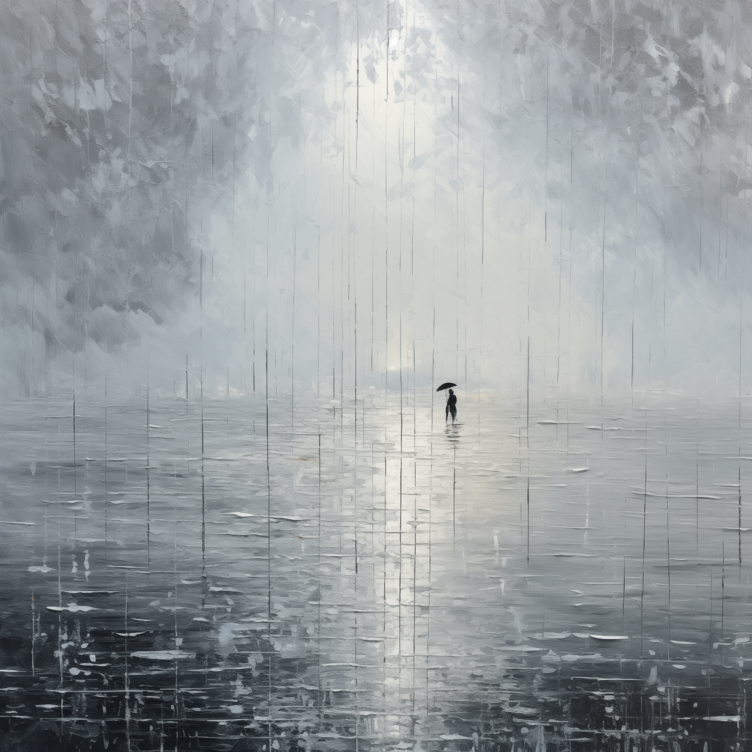 Minimalist Rainy Landscape with Lone Figure - Abstract Gray and Silver Art - Digital Download