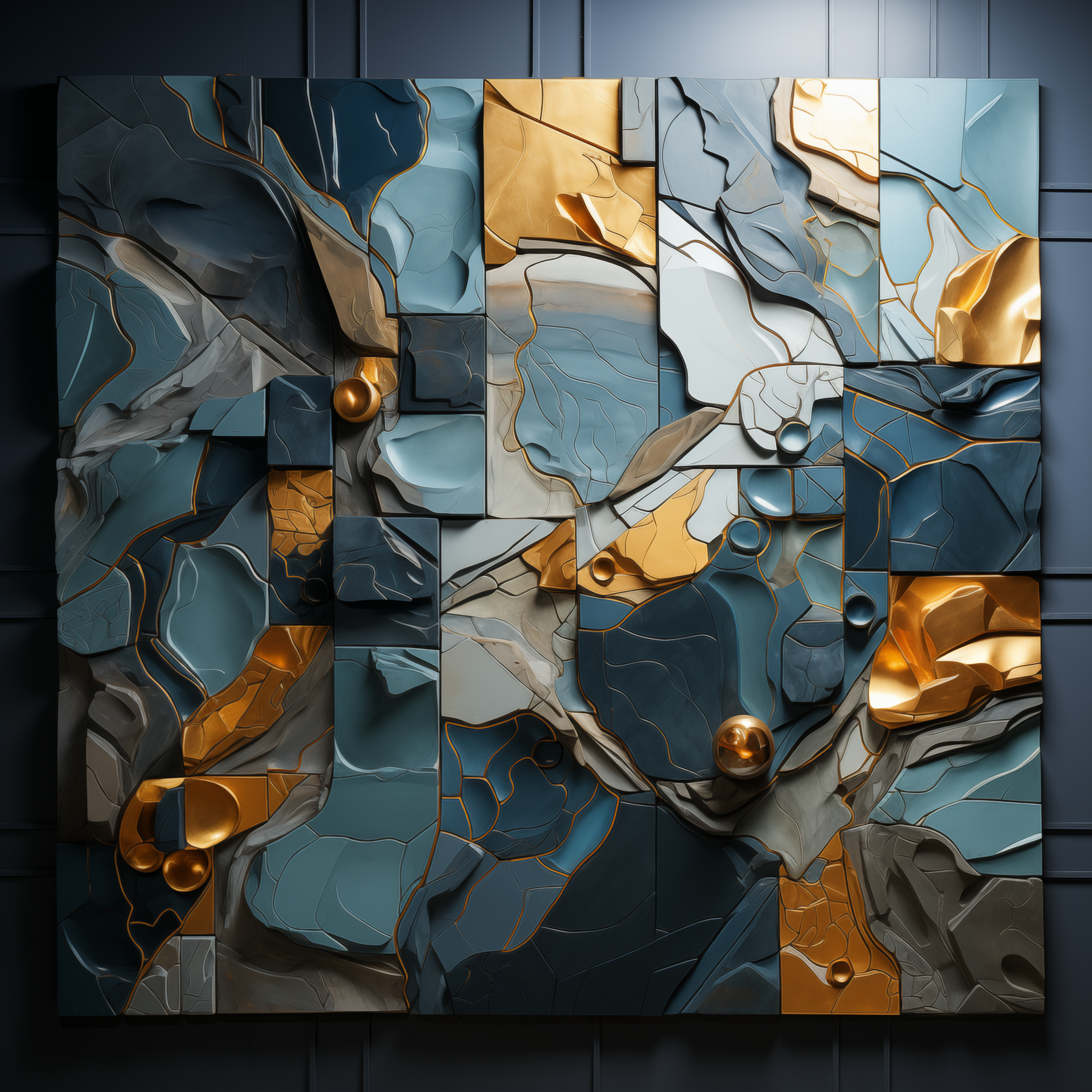 Geometric Blue and Gold Mosaic Wall Art - Elegant Abstract 3D Composition - Digital Download