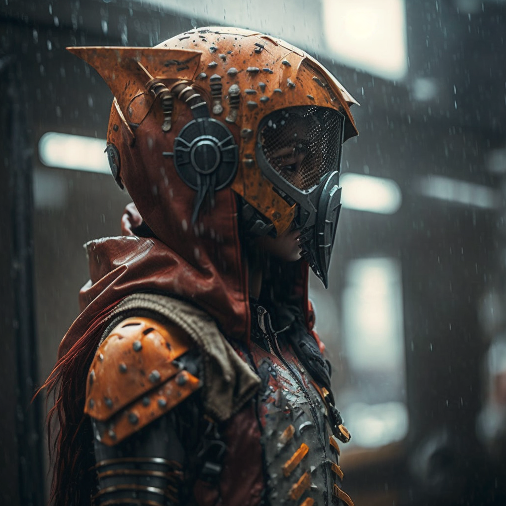 Cinematic amazon cyberpunk child warrior in rusted