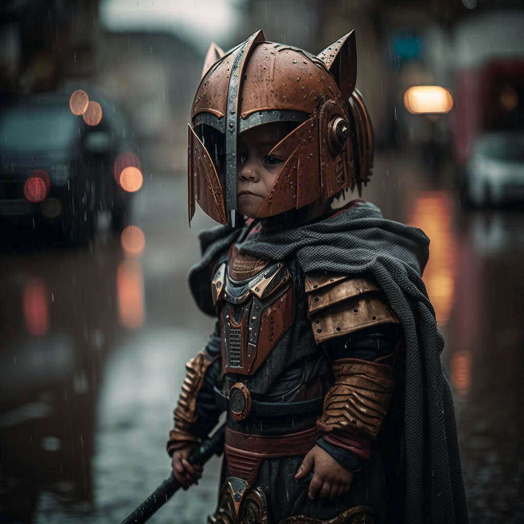 Cinematic amazon cyberpunk child warrior in rusted
