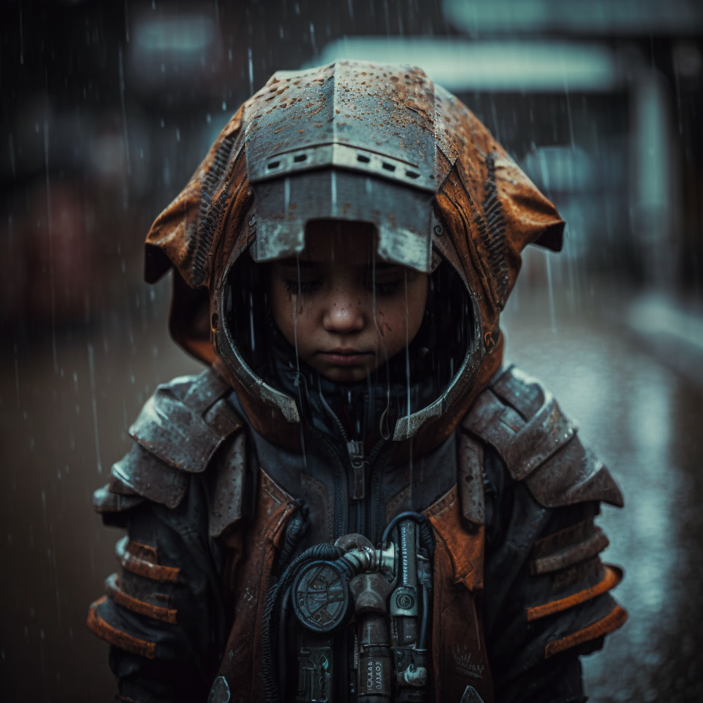 Cinematic amazon cyberpunk child warrior in rusted