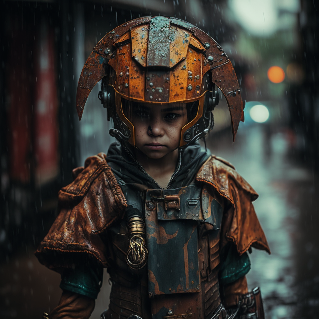 Cinematic amazon cyberpunk child warrior in rusted