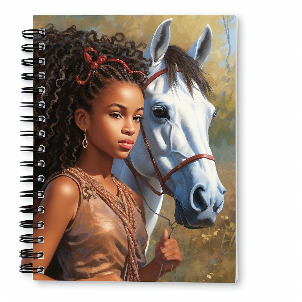 Beautiful black child with her Horse Art note book