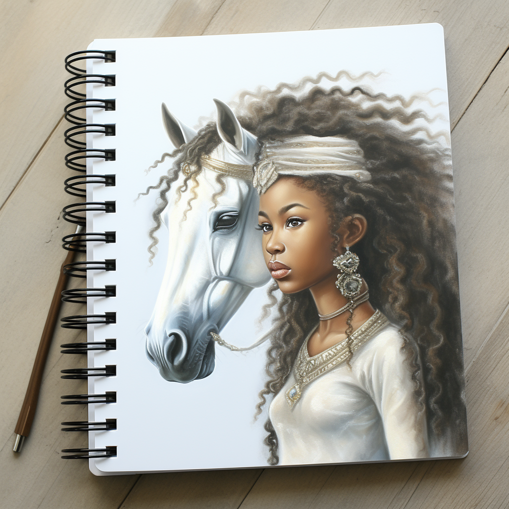 A young girl and her hors art ruled note book