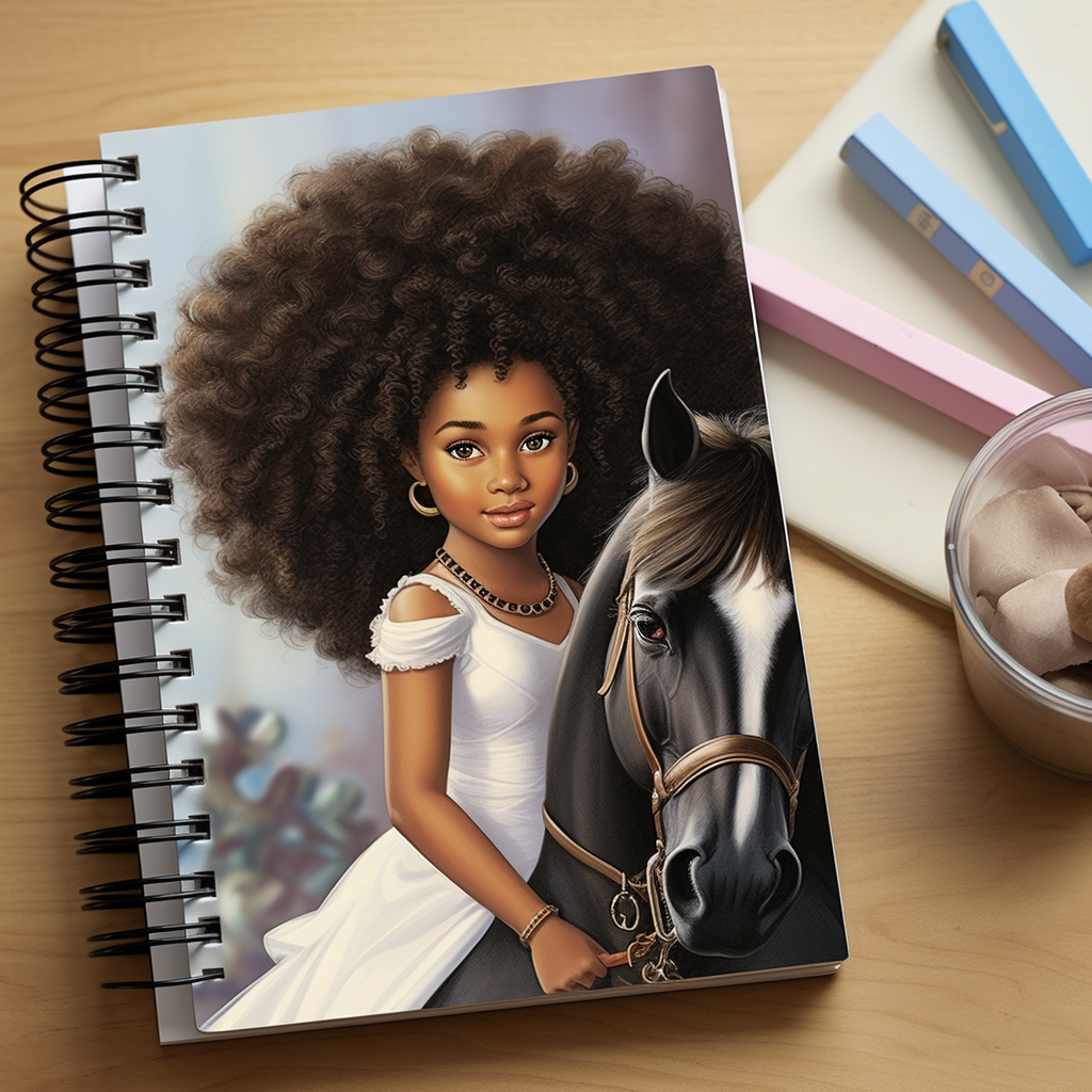 a Beautiful black young girl and her horse notebook