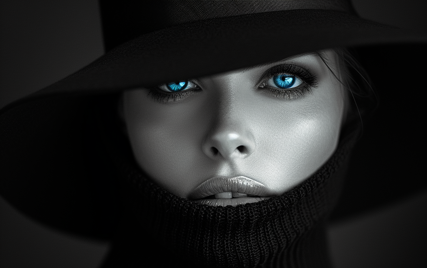 A black and white image of a woman with a hat