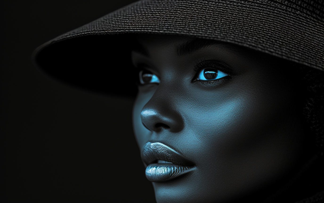 A black and white image of a woman with a hat
