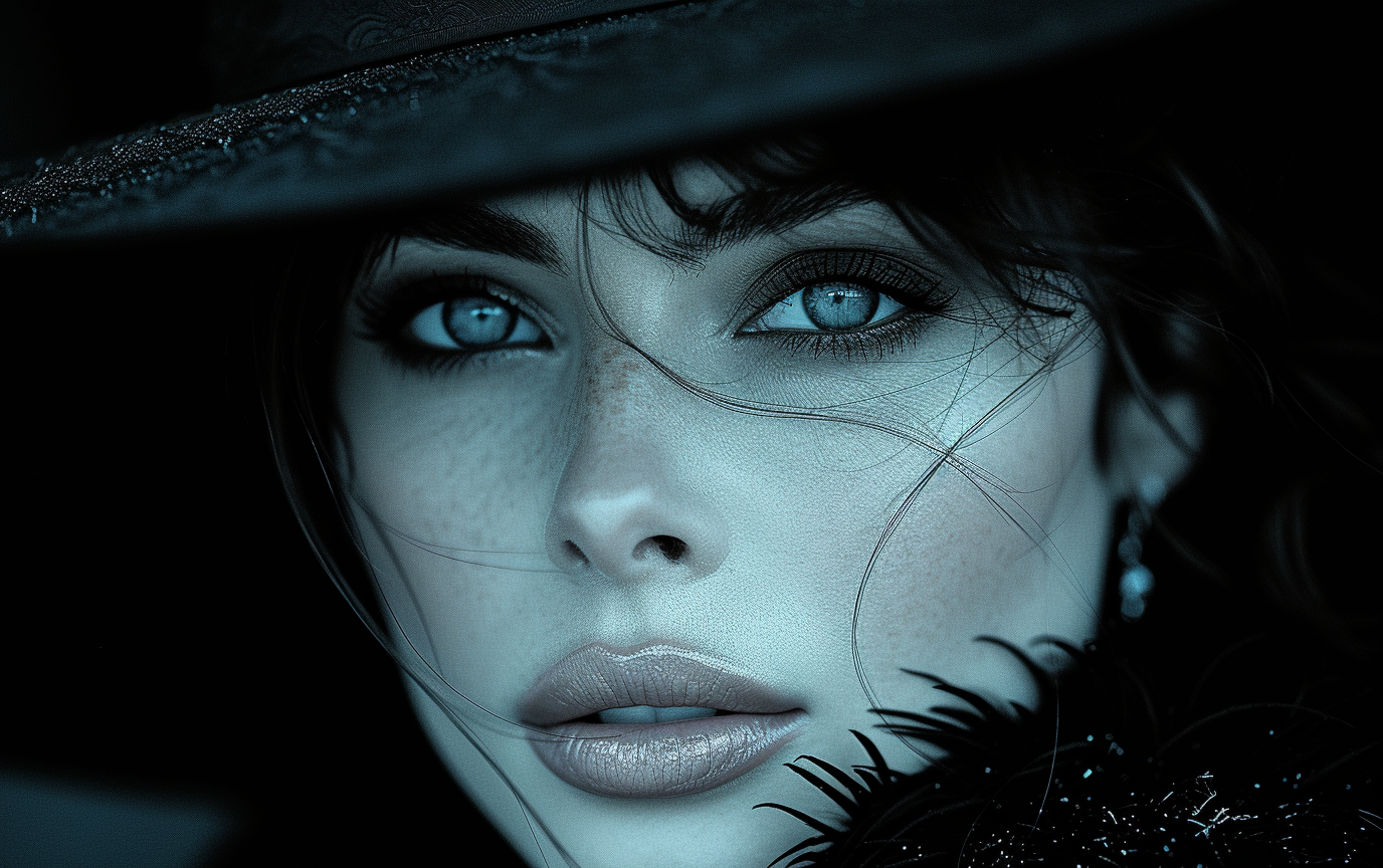 A black and white image of a woman with a hat