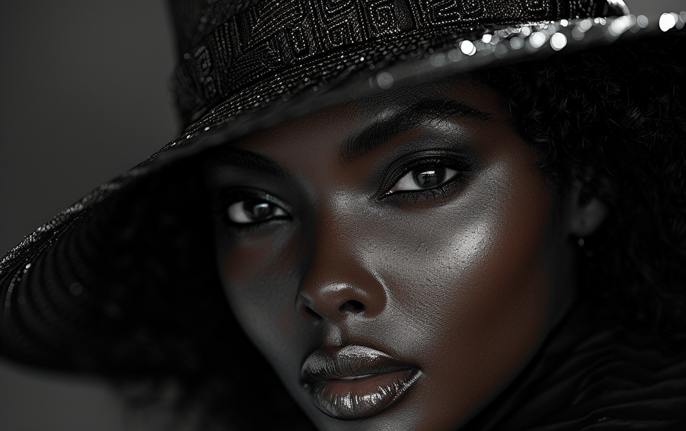A black and white image of a woman with a hat