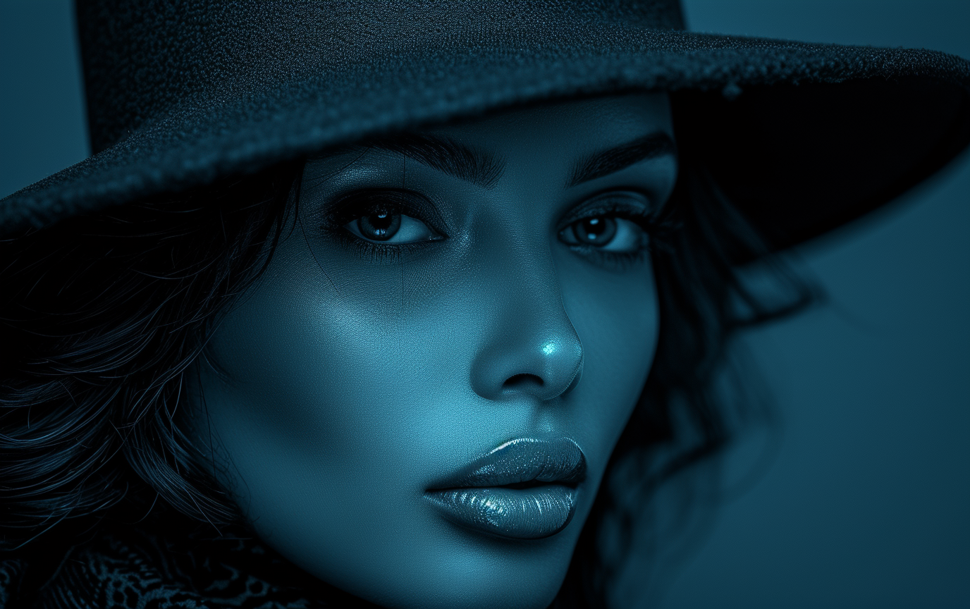 A black and white image of a woman with a hat