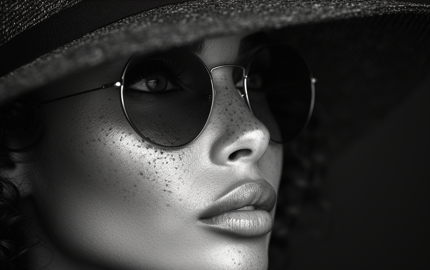 A black and white image of a woman with a hat