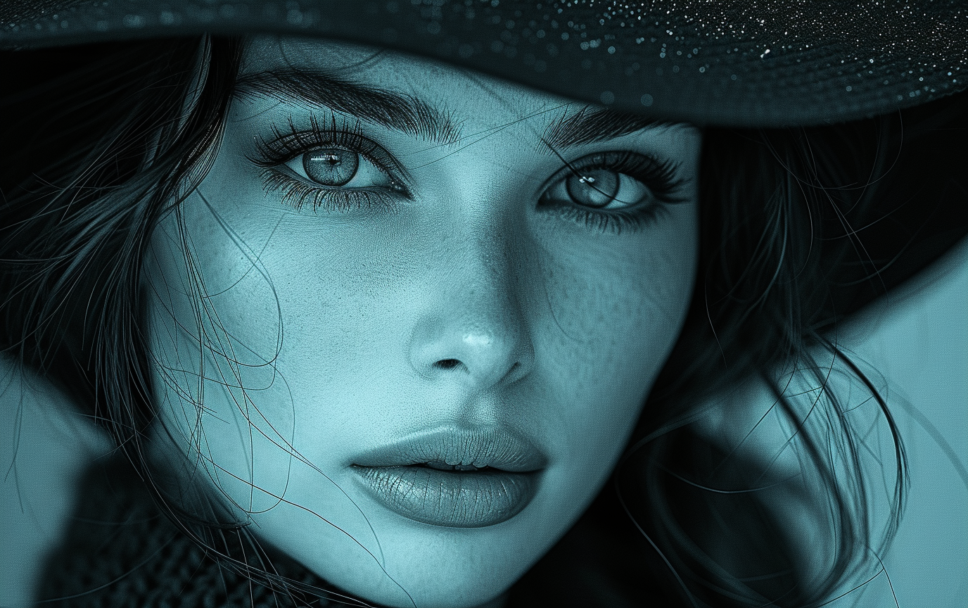 A black and white image of a woman with a hat