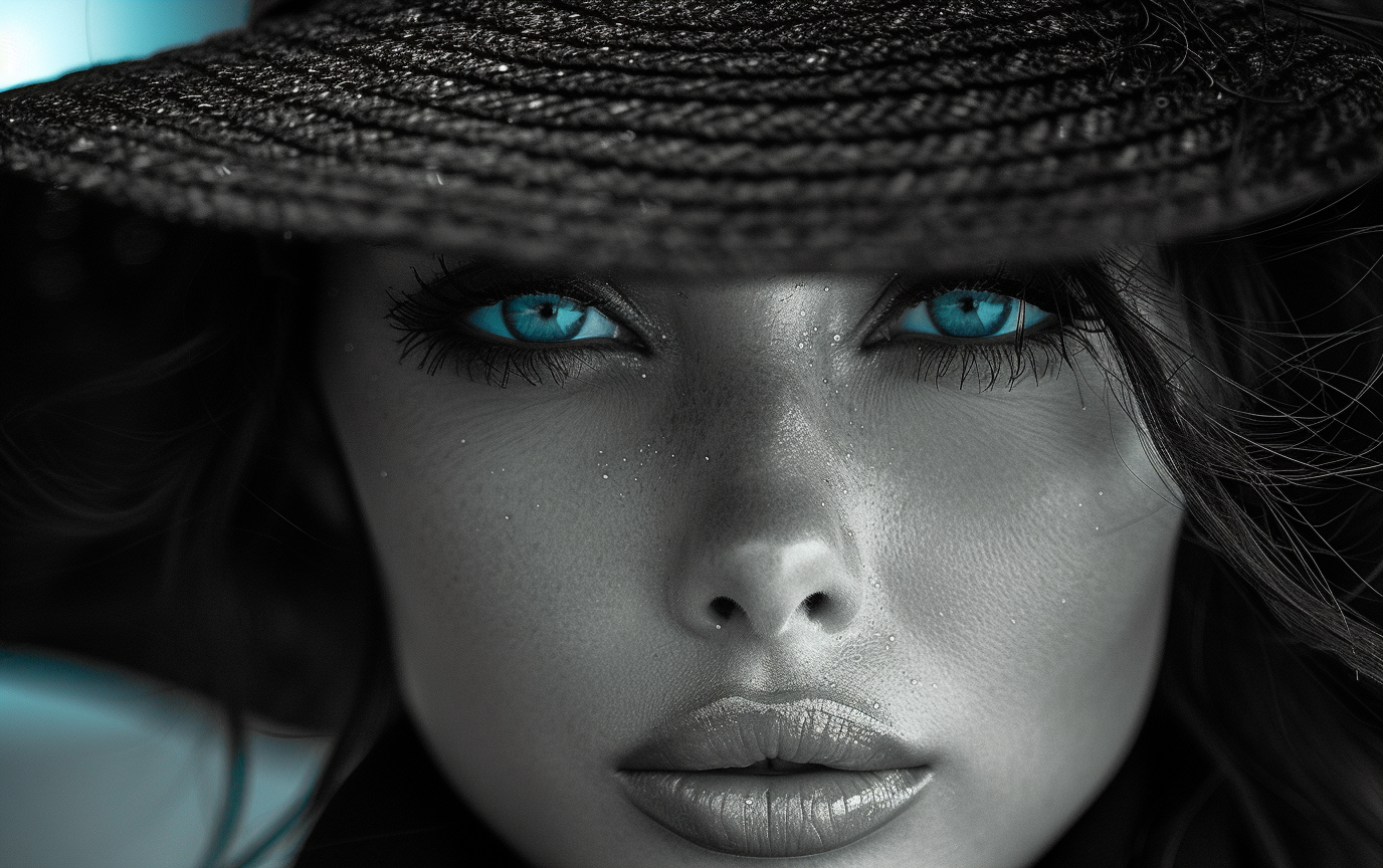 A black and white image of a woman with a hat