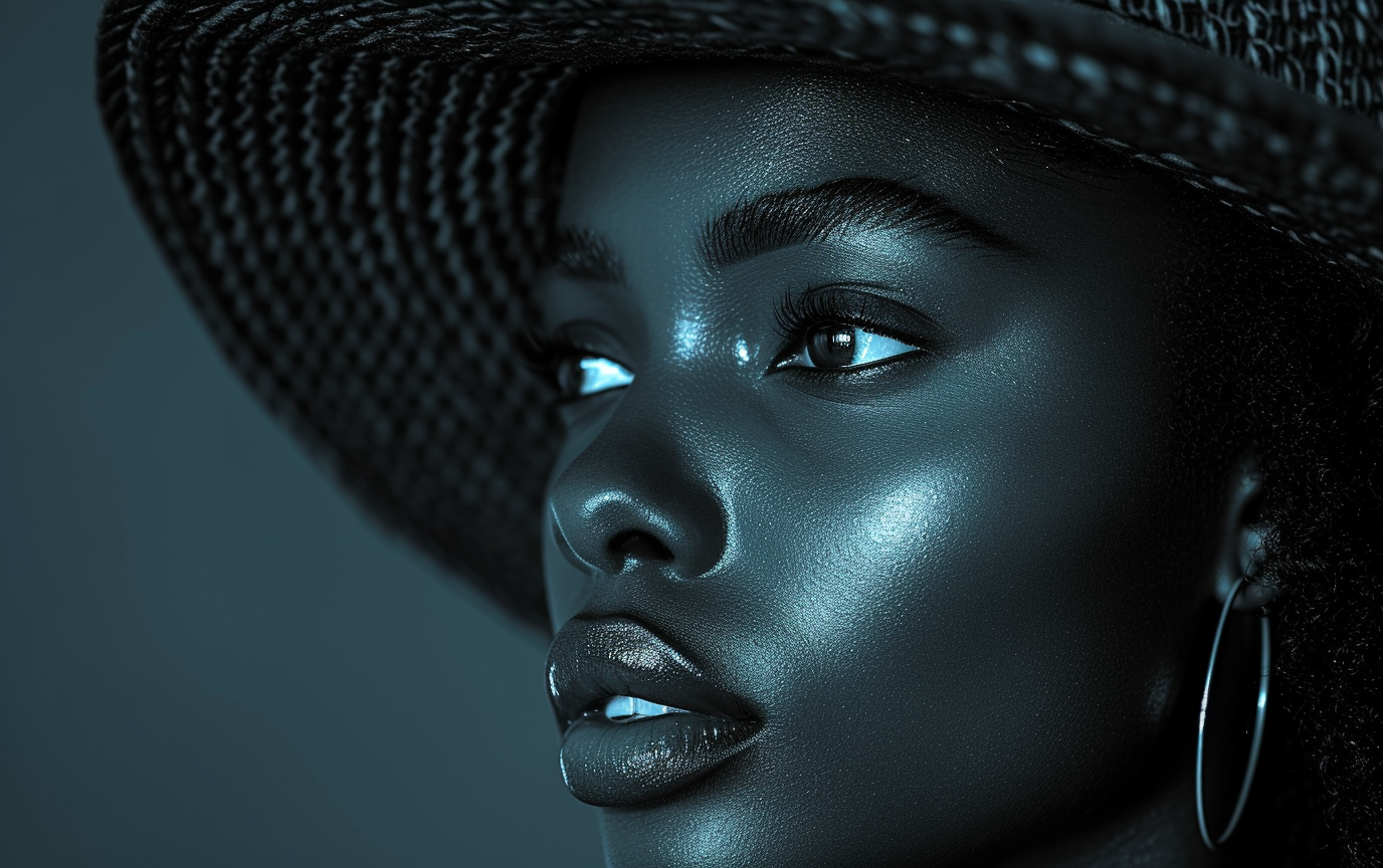 A black and white image of a woman with a hat