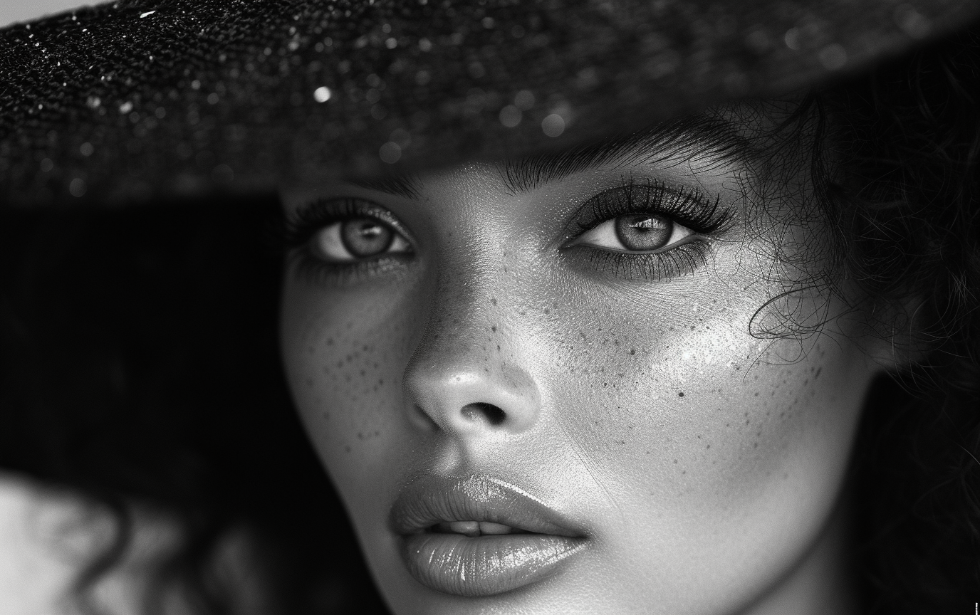A black and white image of a woman with a hat