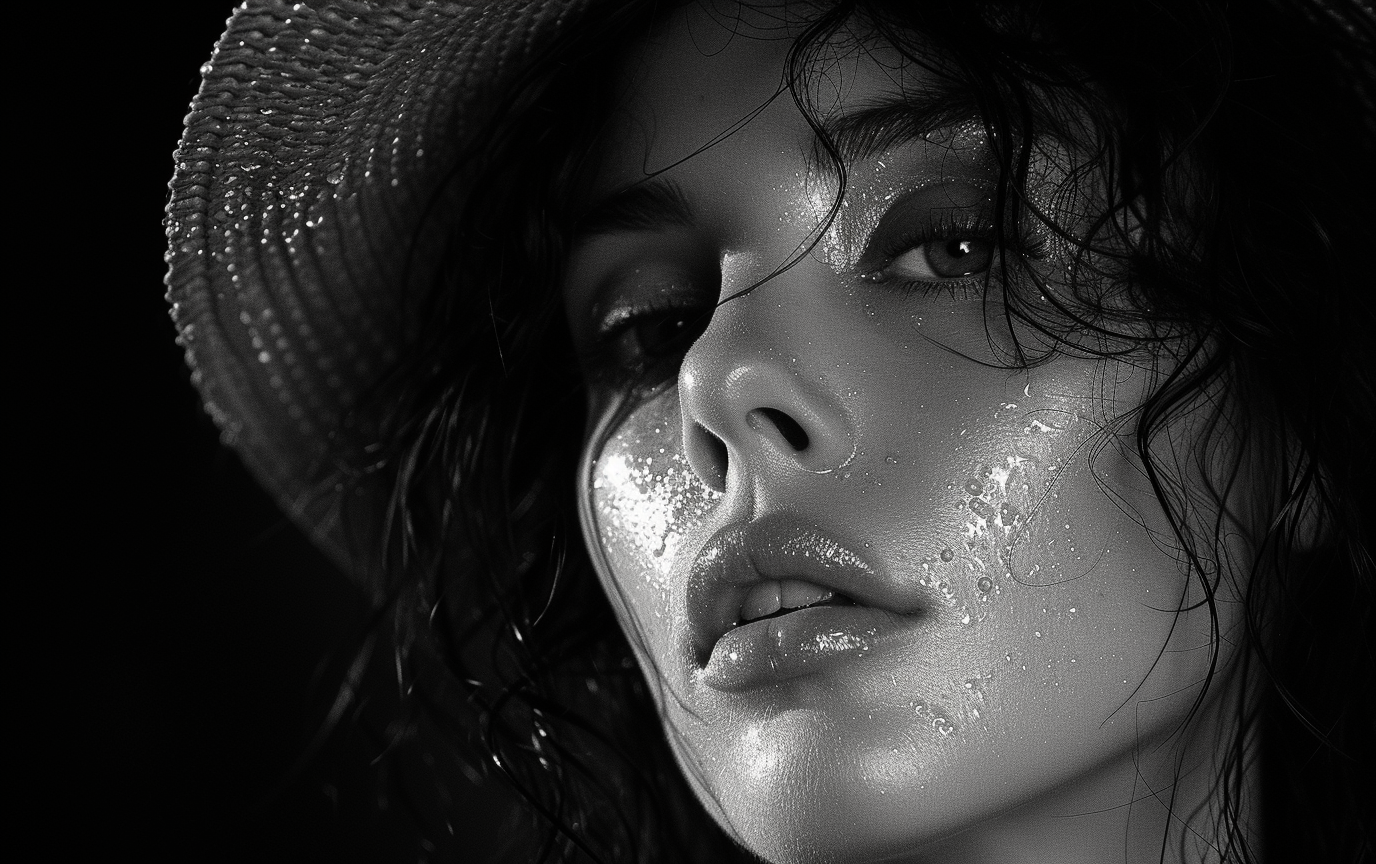 A black and white image of a woman with a hat