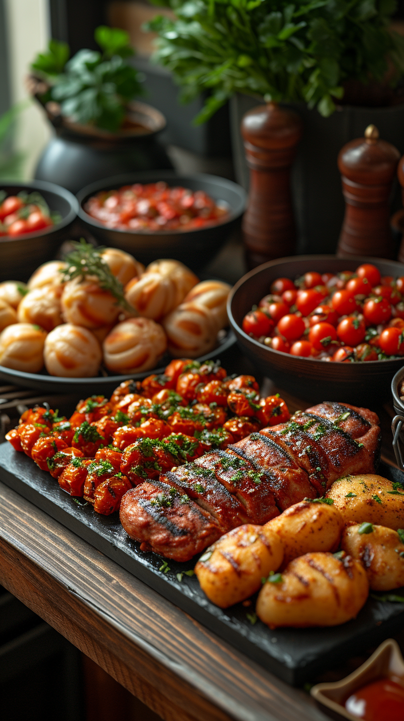 Indoor Catering Buffet Featuring Grilled Meat Vegetables and Street Food