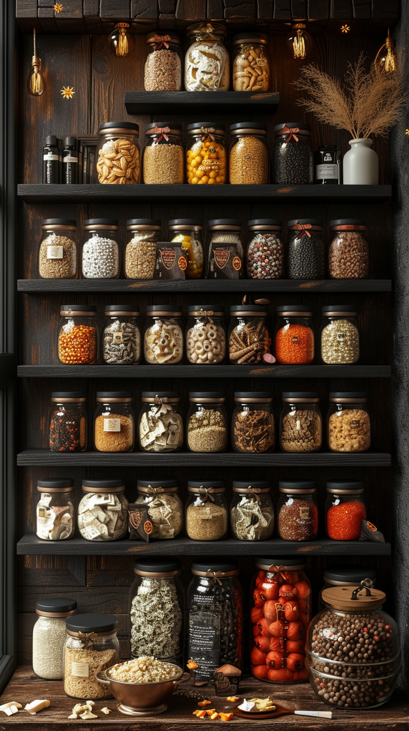 Shelf in a shop with colorful natural spices and powders in glass jars