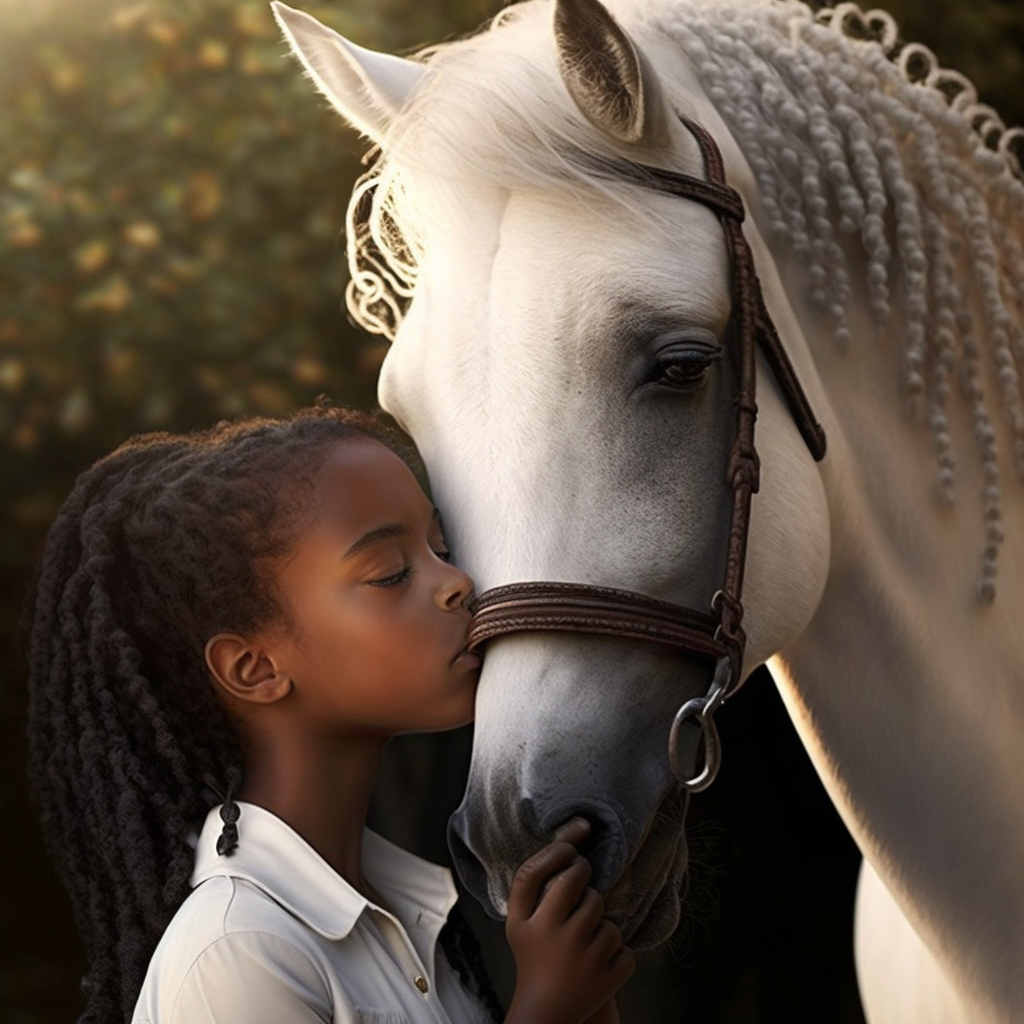 african american girl kissing a white horse - The Soulful Artists