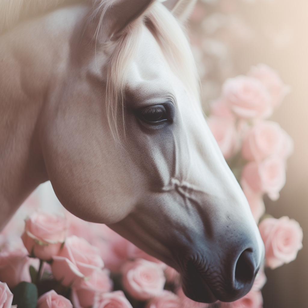 A White horse in beautiful pink flowers realistic image