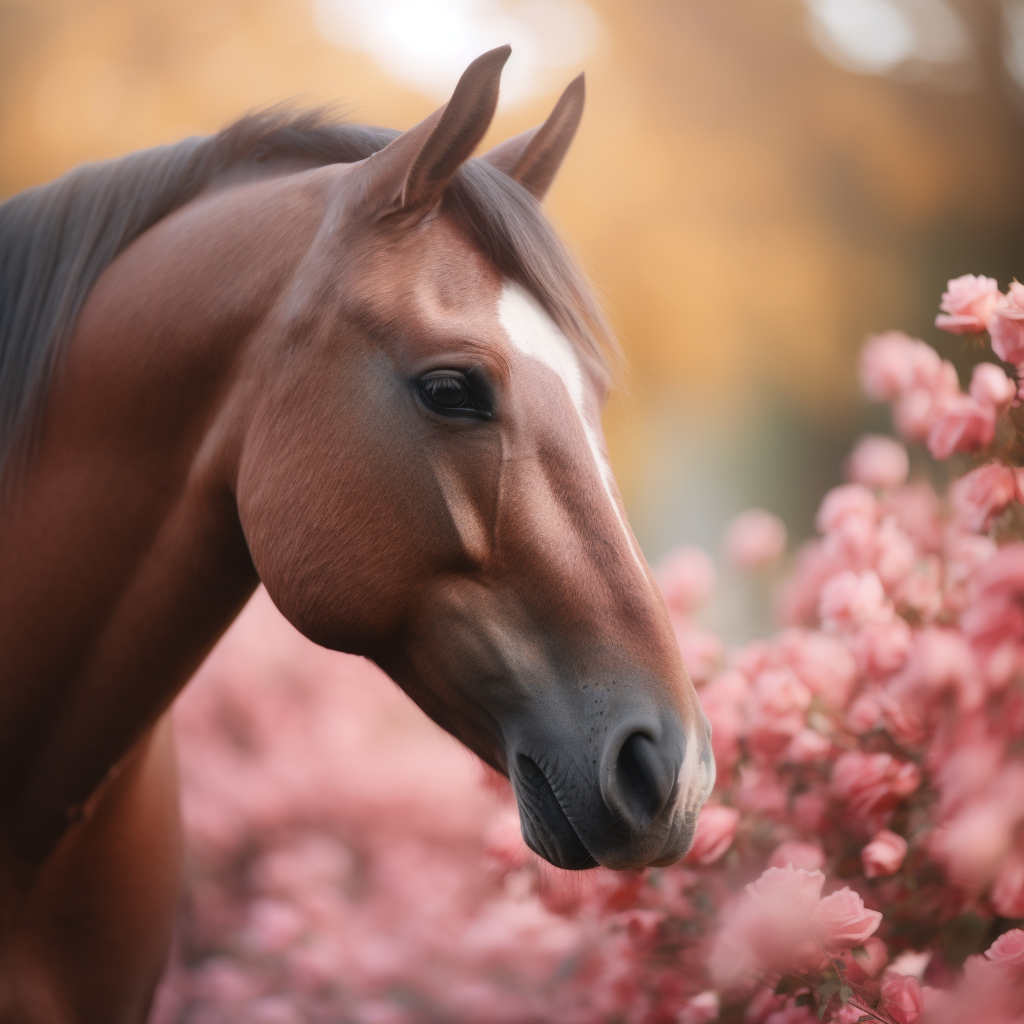A brown horse in beautiful pink flowers realistic image