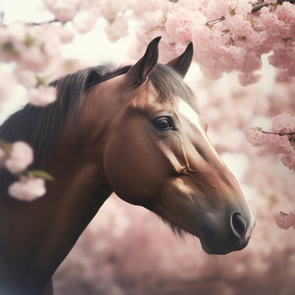 A brown horse in beautiful pink flowers realistic image