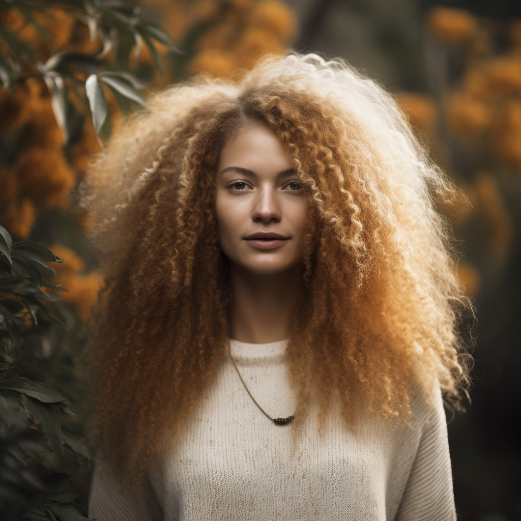 beautiful white woman with long blond afro