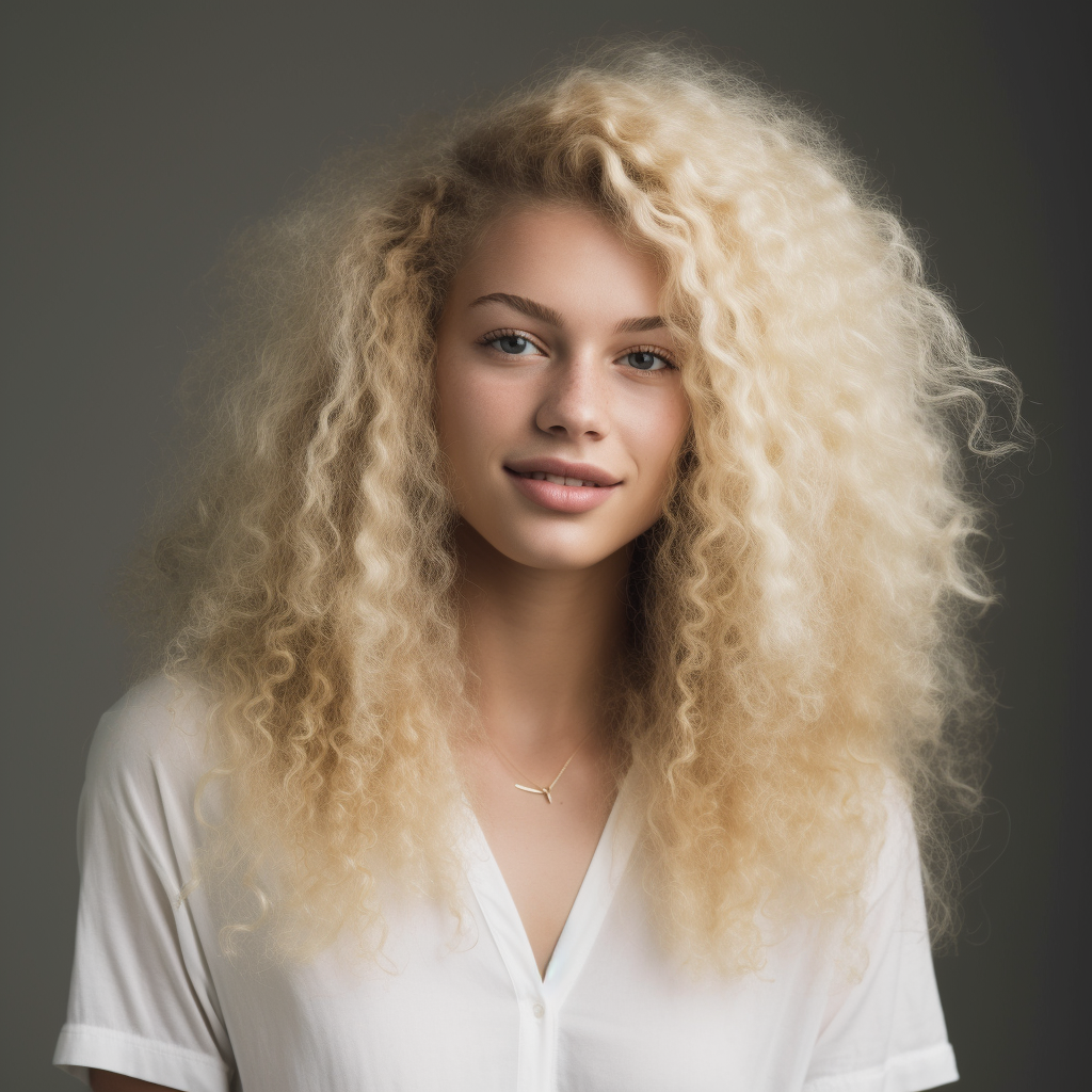 beautiful white woman with long blond afro