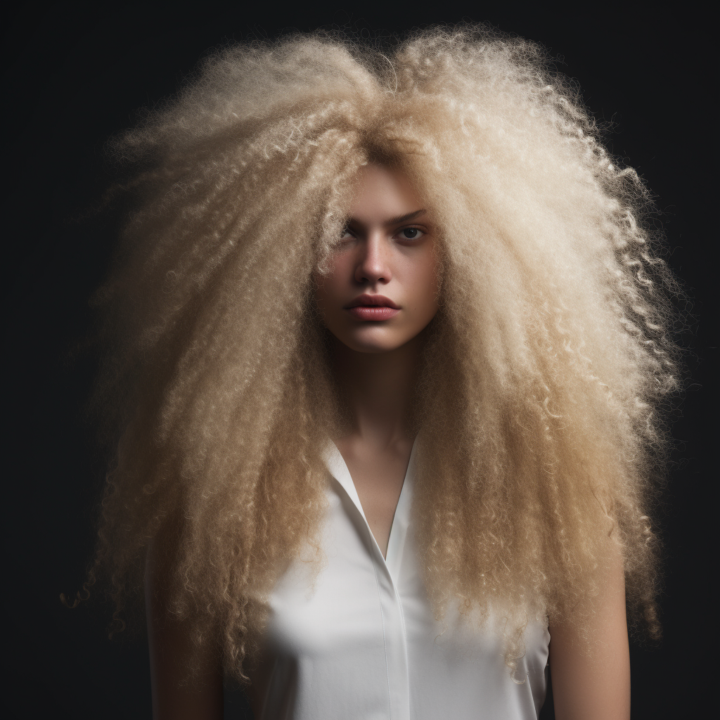 beautiful white woman with long blond afro