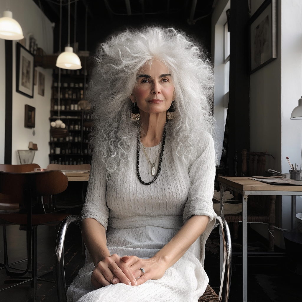 beautiful white woman with long silver afro