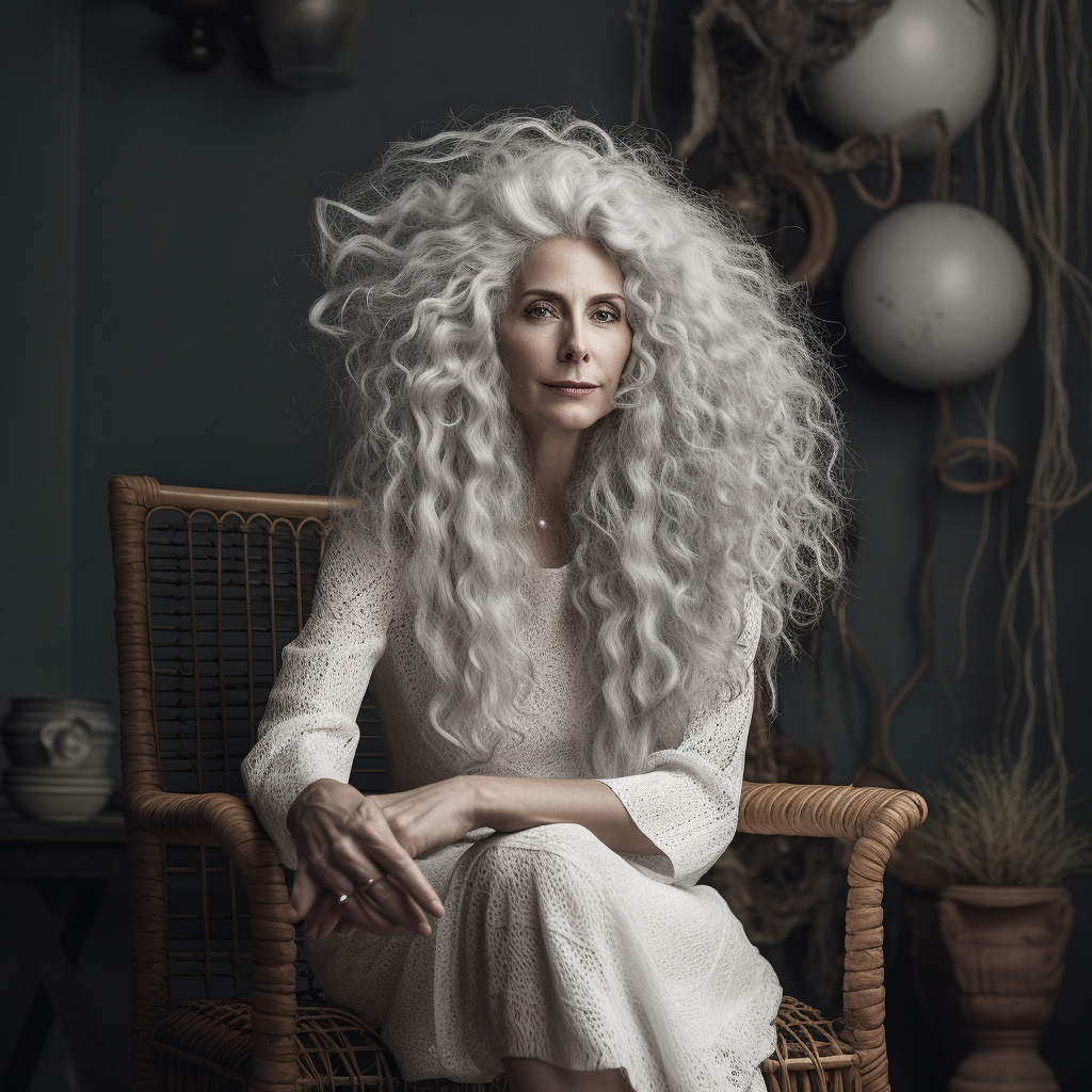 beautiful white woman with long silver afro