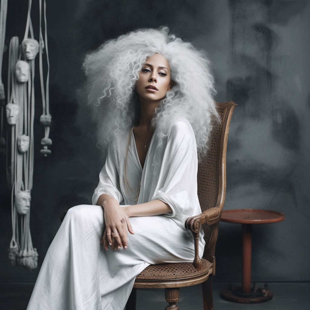 beautiful white woman with long silver afro