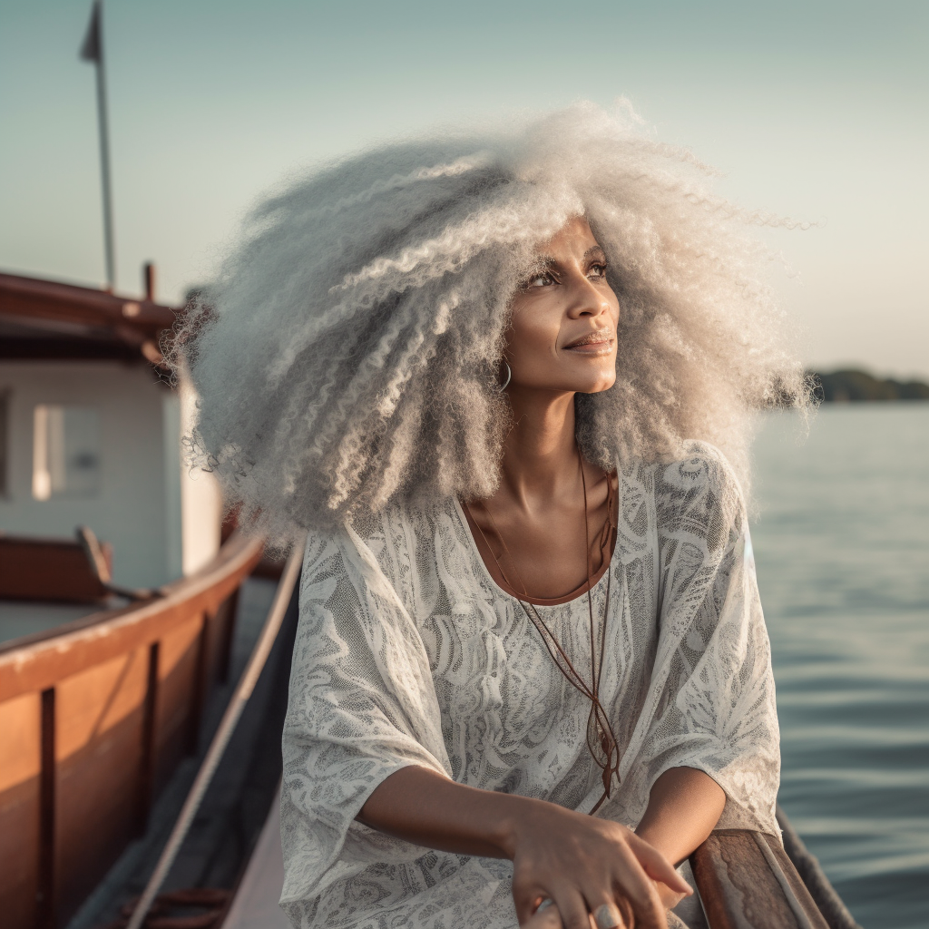 beautiful white woman with long silver afro