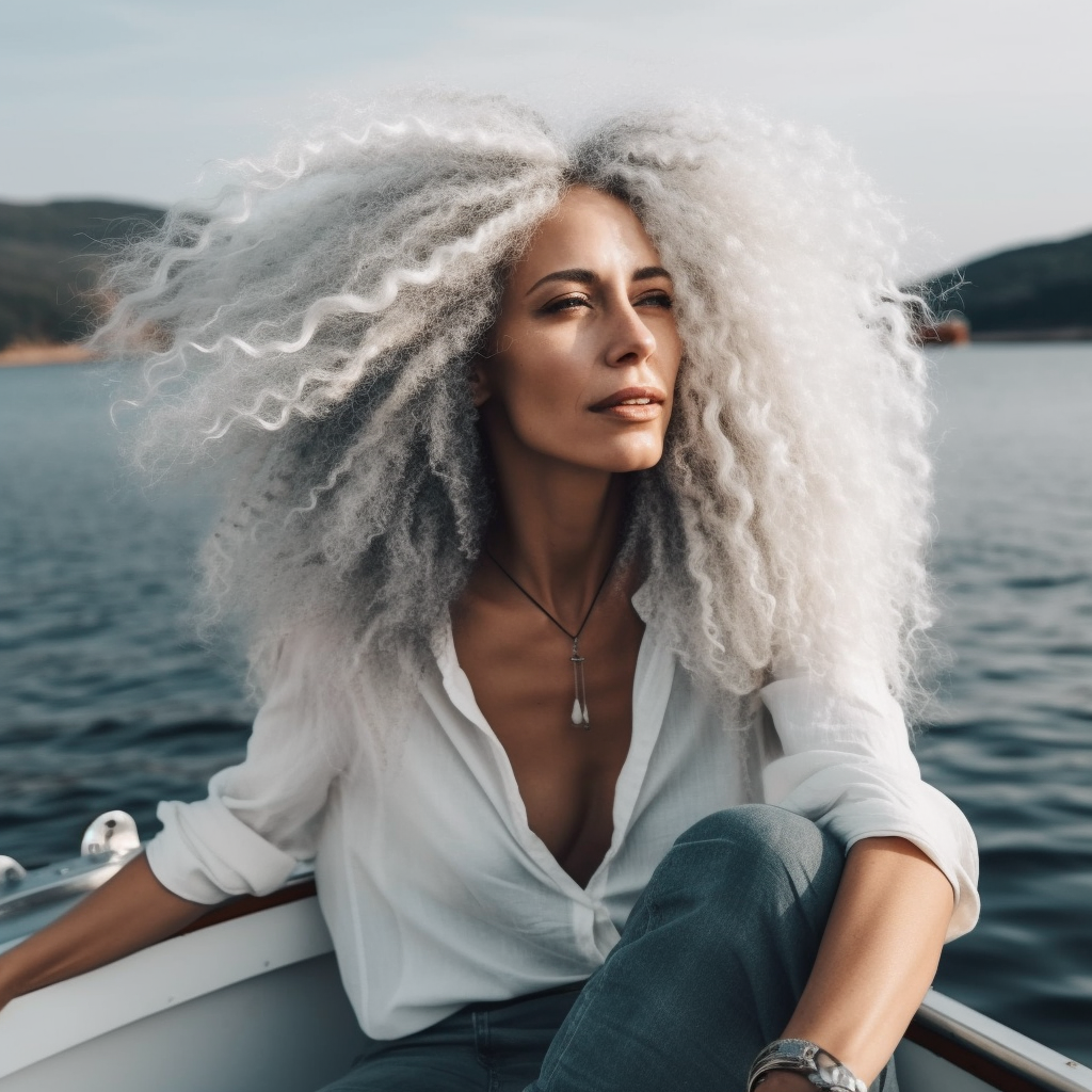 beautiful white woman with long silver afro