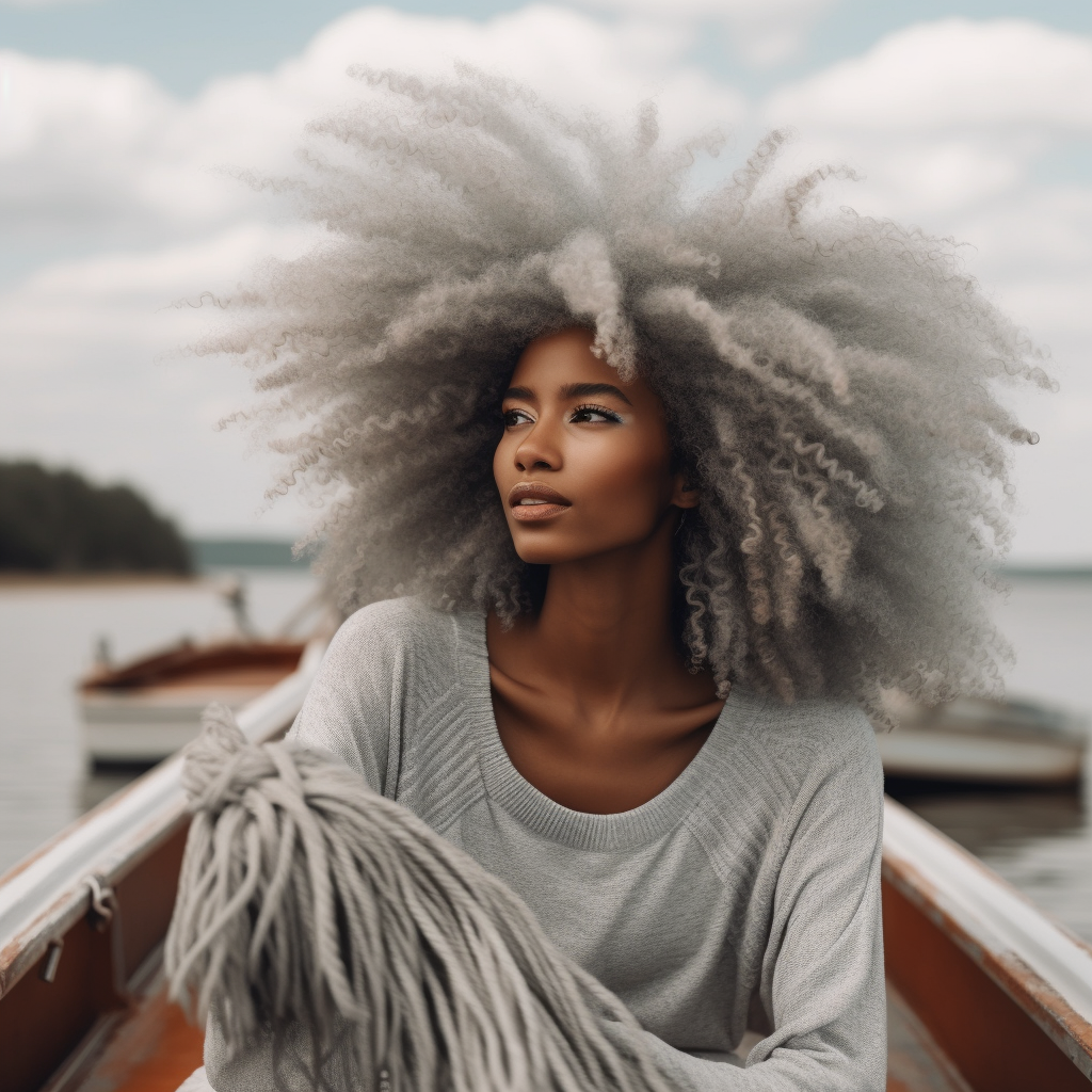 beautiful white woman with long silver afro