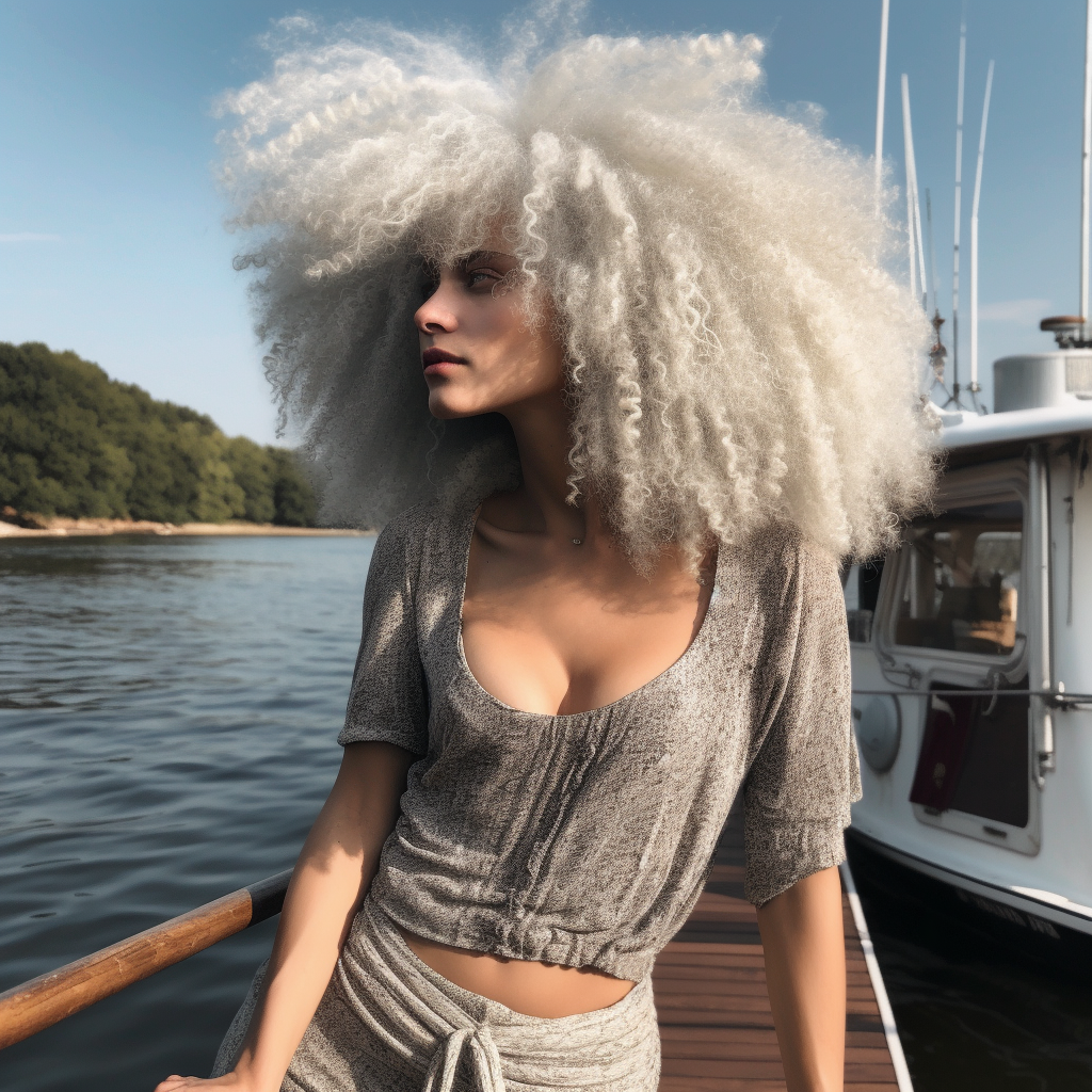 beautiful white woman with long silver afro