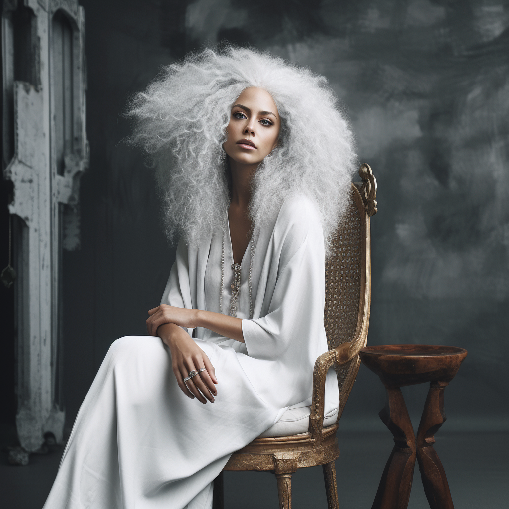 beautiful white woman with long silver afro