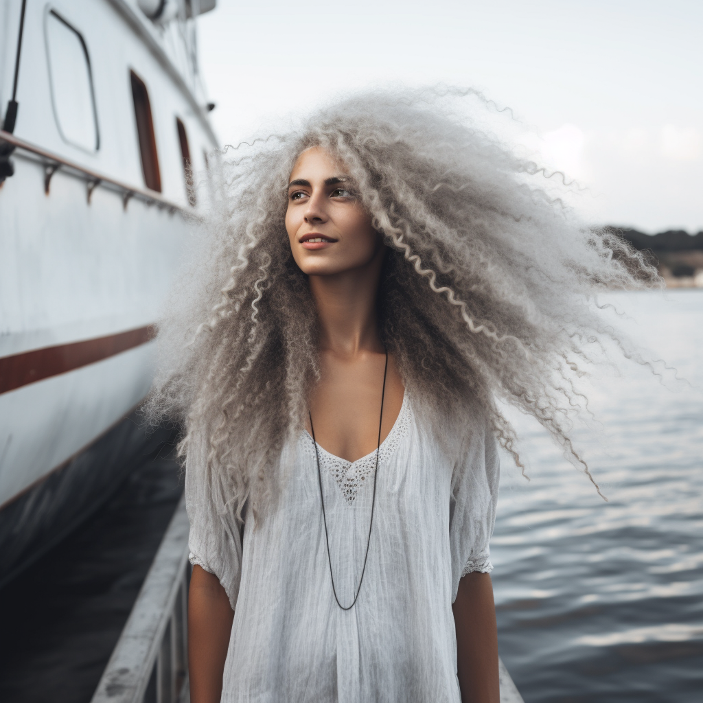 beautiful white woman with long silver afro
